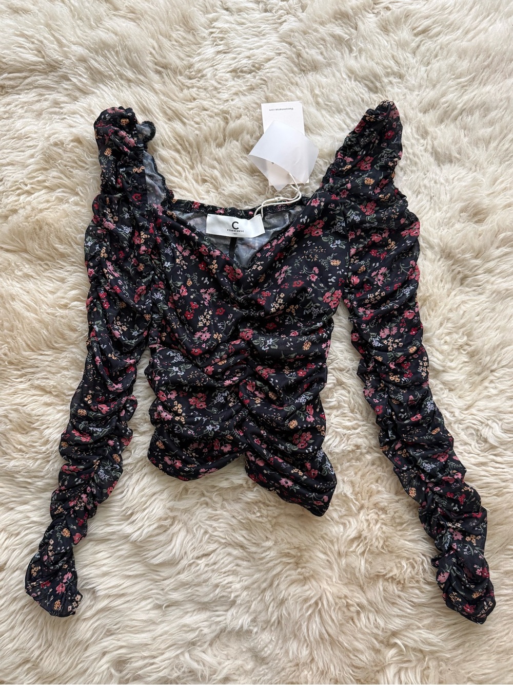 Commense Floral Ruched Long-Sleeve Women's Top - Black with Pink Floral